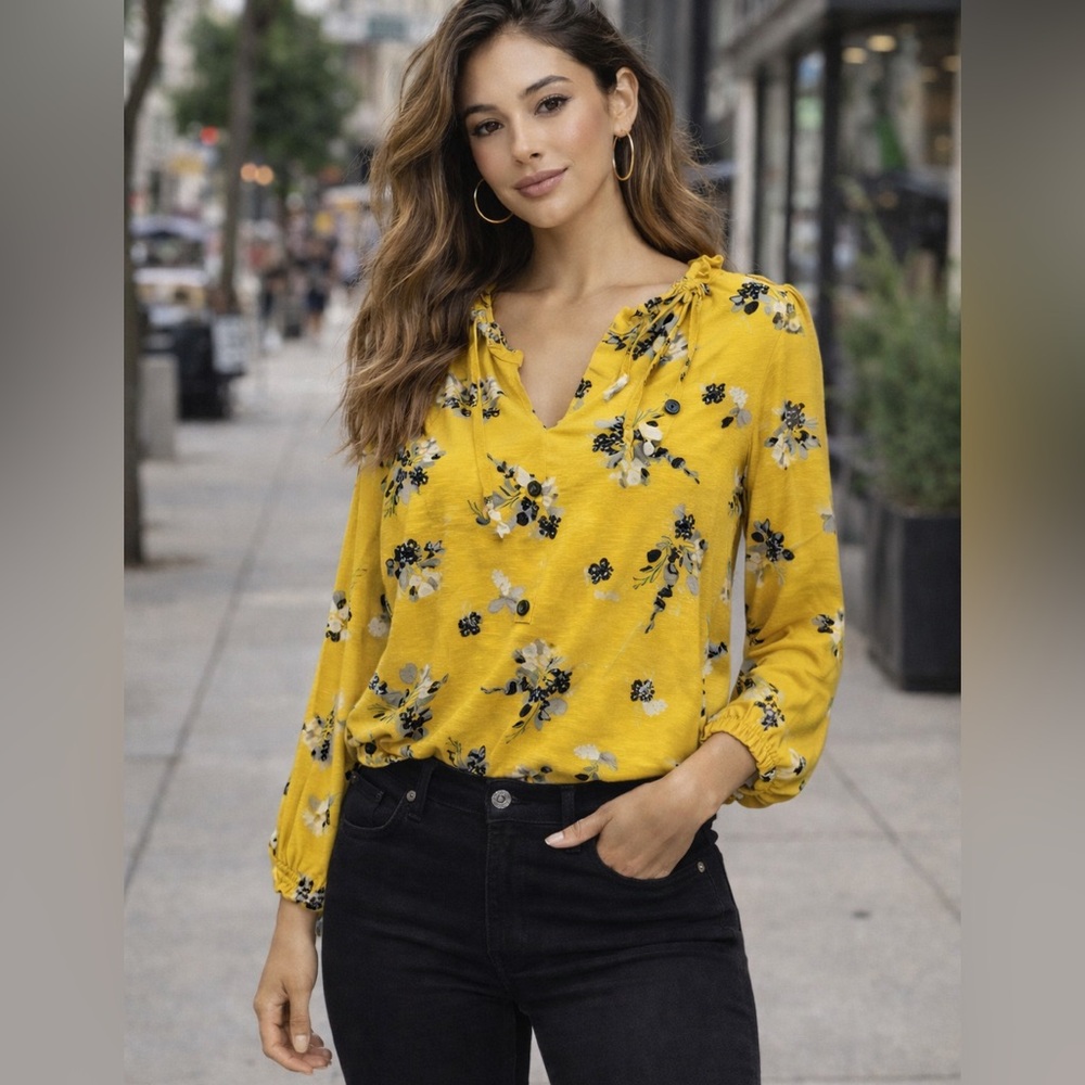 MELLODAY Yellow Floral Blouse Boho Anthropologie Style Cottagecore Top M